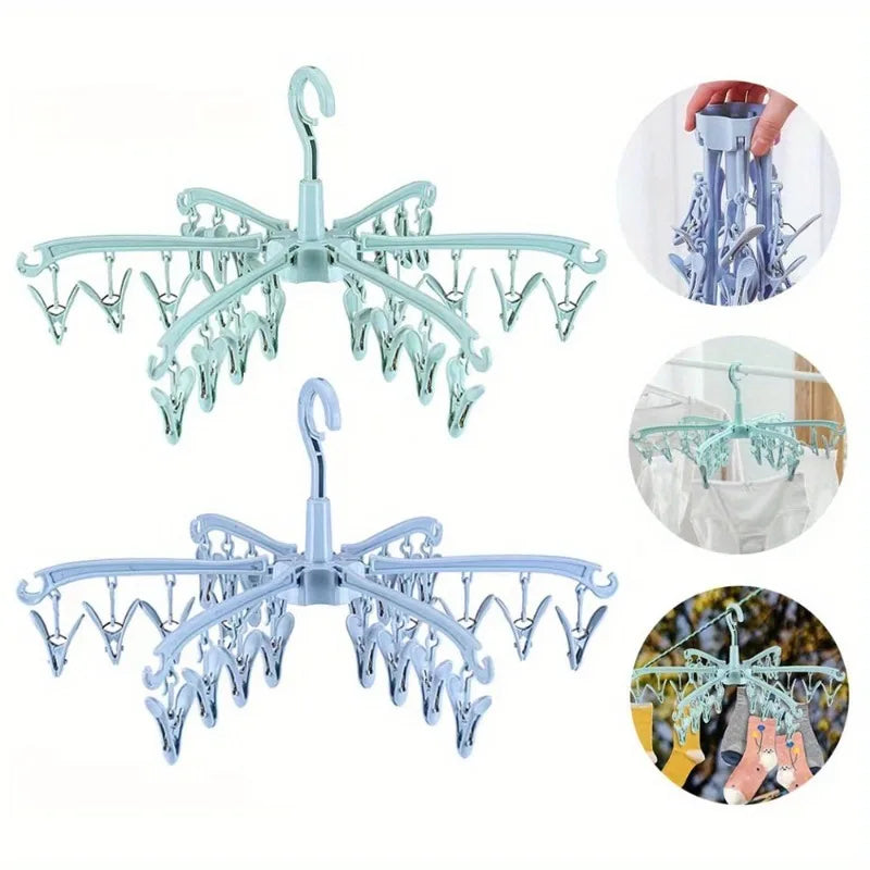 Sock Drying Rack Folding Laundry Clothes Hanger 24 Clips Plastic Rotatable Dryer Clothes Drying Racks Organization for Underwear