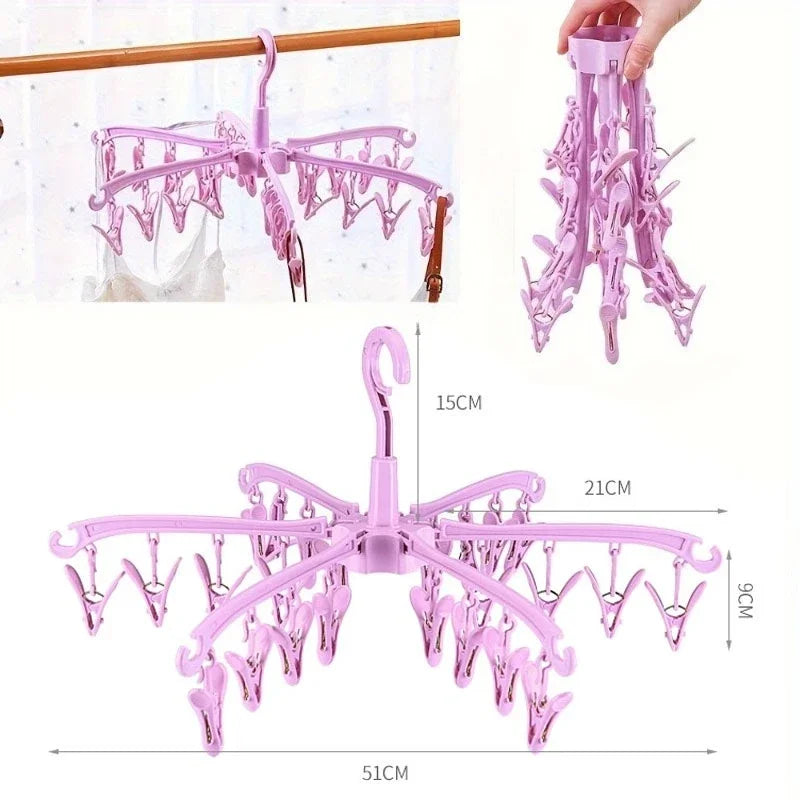 Sock Drying Rack Folding Laundry Clothes Hanger 24 Clips Plastic Rotatable Dryer Clothes Drying Racks Organization for Underwear