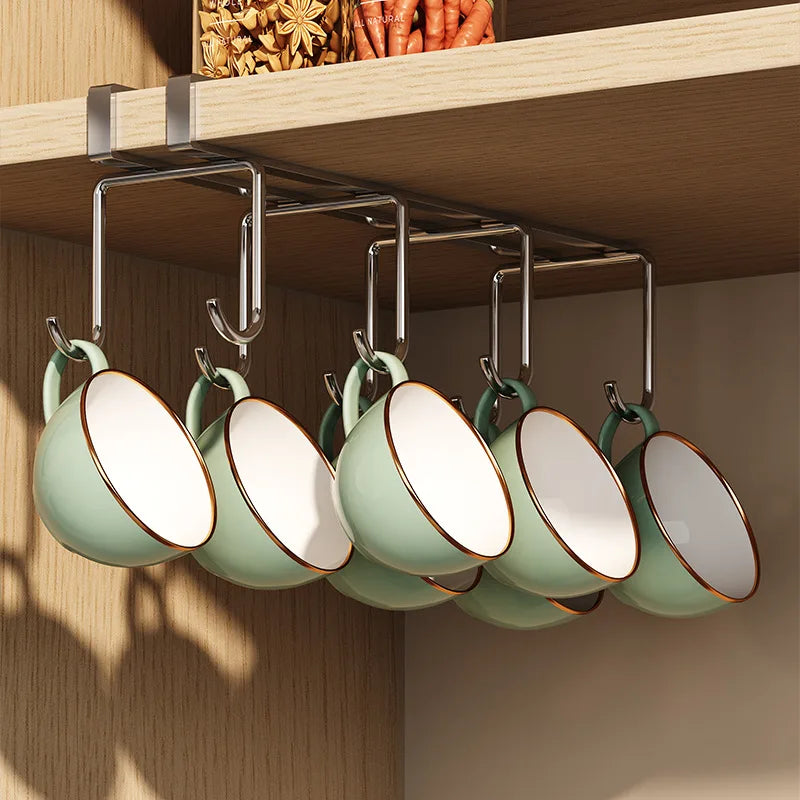 HeMu Multi-Purpose Under Cabinet Mug Rack,Adjustable Hanging Cup Holder,Space Saving Storage for Coffee Cups,Wine Glasses,Spoons