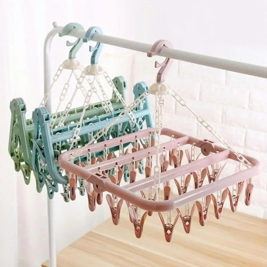 1 Pcs 32 Clips Folding Clothes Hanger Dryer Windproof Socks Underwear Drying Rack Baby Clothes Hangers Organizer Laundry Rack
